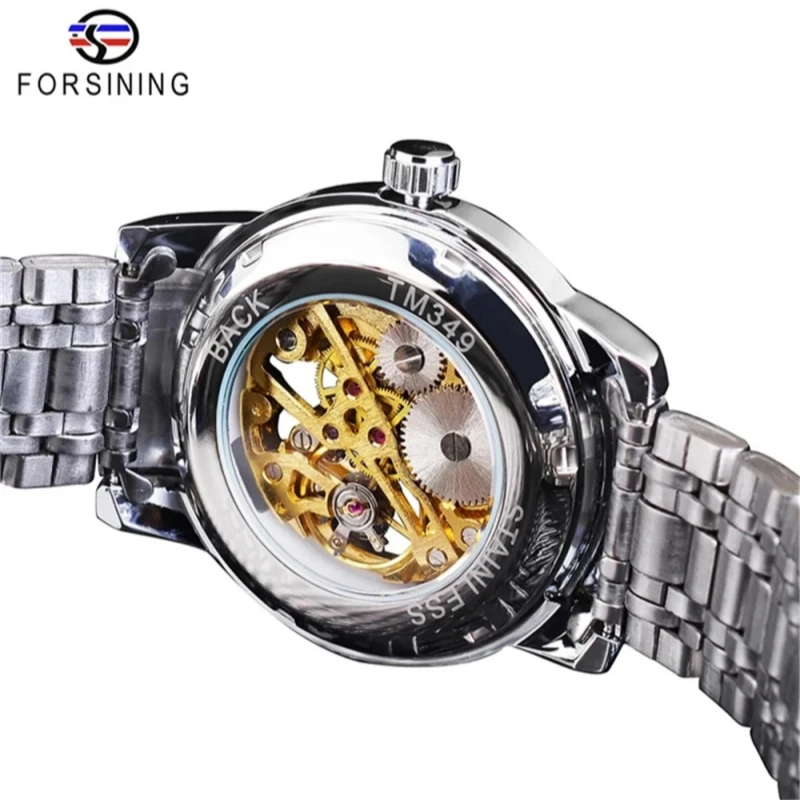 Forsining 349 Luxury Fashion Skeleton Hollow Mechanical Watch Steel Strap Men's Clock Business Luminous Wristwatch reloj hombre