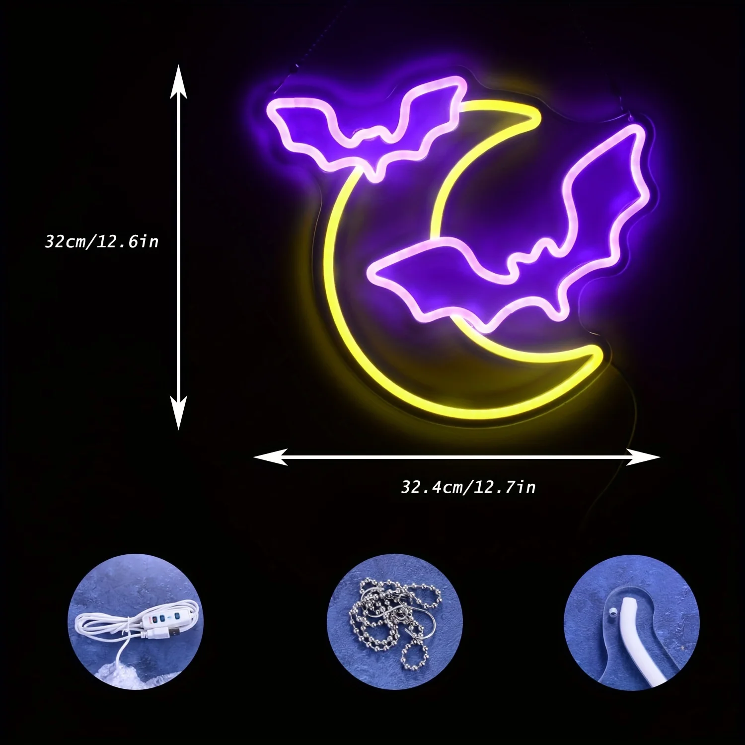 Neon Bat And Moon Sign LED Neon Light for Room Wall Decor,Halloween Decor For Bedroom Living Room Home Party Shop Bar Club