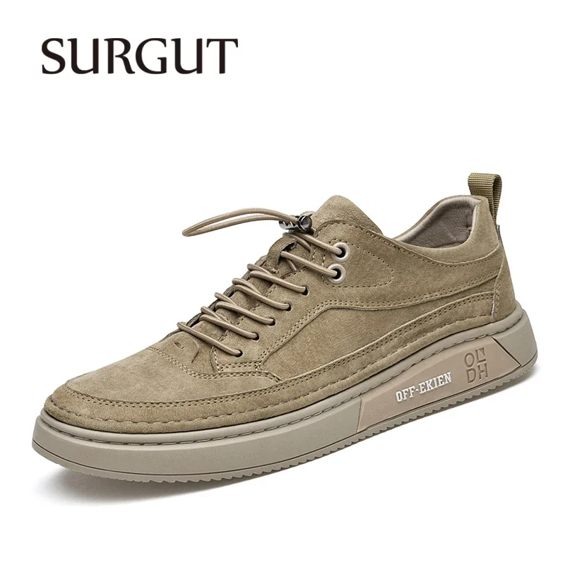 SURGUT Men Casual Shoes Split Leather Board Shoes Men Lightweight Soft Anti-skid Wear-resistant Lace Up Shoes Size 37-45