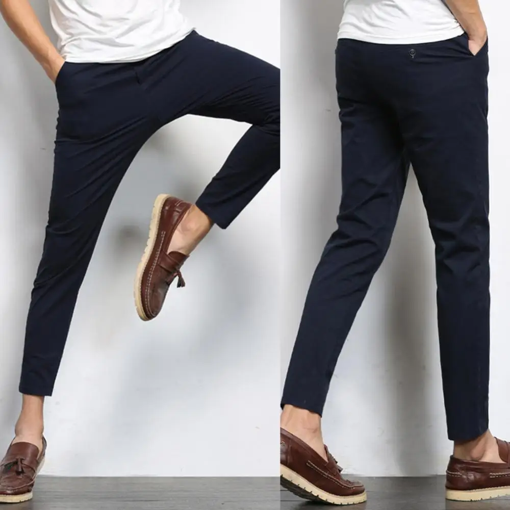 Pockets Trousers Men Pants Long Solid Color Casual Pant Elastic Thin Straight Suit Pants