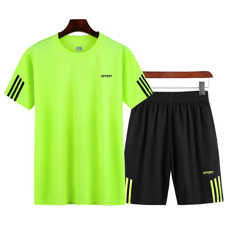 

Summer Running Suit Men Plus Size Casual Sports Fitness Quick Drying Set Round Neck Short Sleeve T-shirt Shorts Two Piece Set