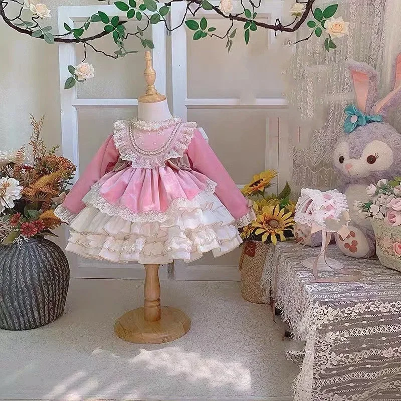 Ins Handmade Kids Wedding Pink New Girls Fluffy Lolita Dress Winter Velvet Princess Dress Birthday Party Flower Girls Dress