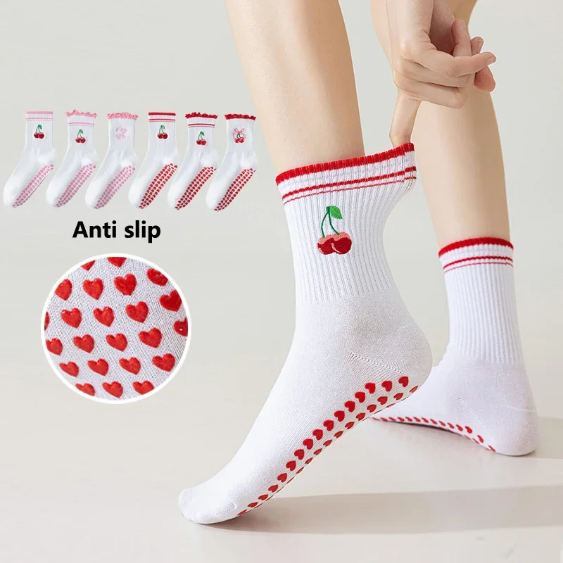 

Embroidery Cherryes Yoga Pilates socks for women Non-slip floor sports Calf socks Fashion all-match trend socks
