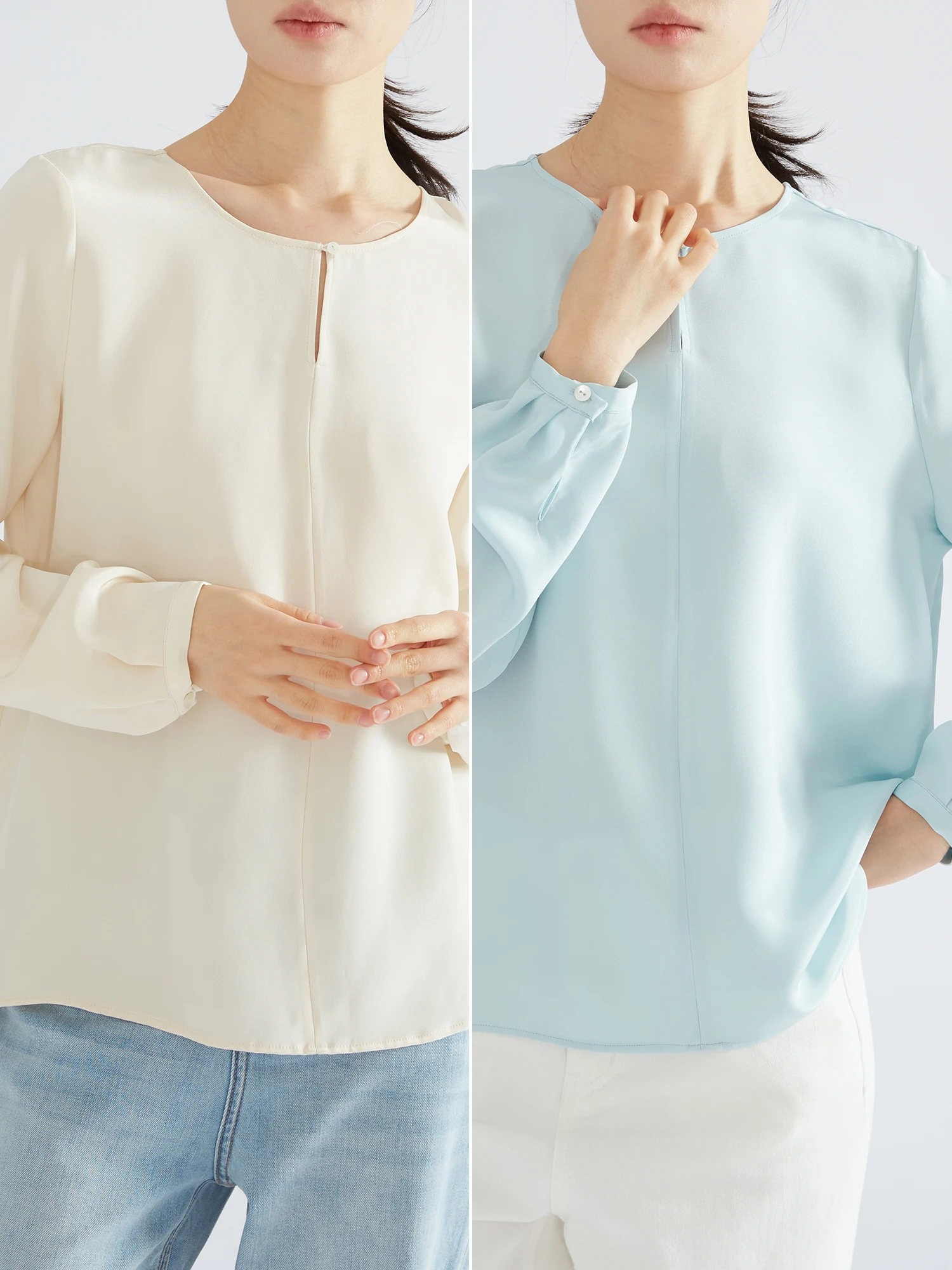 

Spring 100% Mulberry Silk T-Shirt For Women Long Sleeved Single Button Woman Clothing Casual Simple And Comfortable Soft Top
