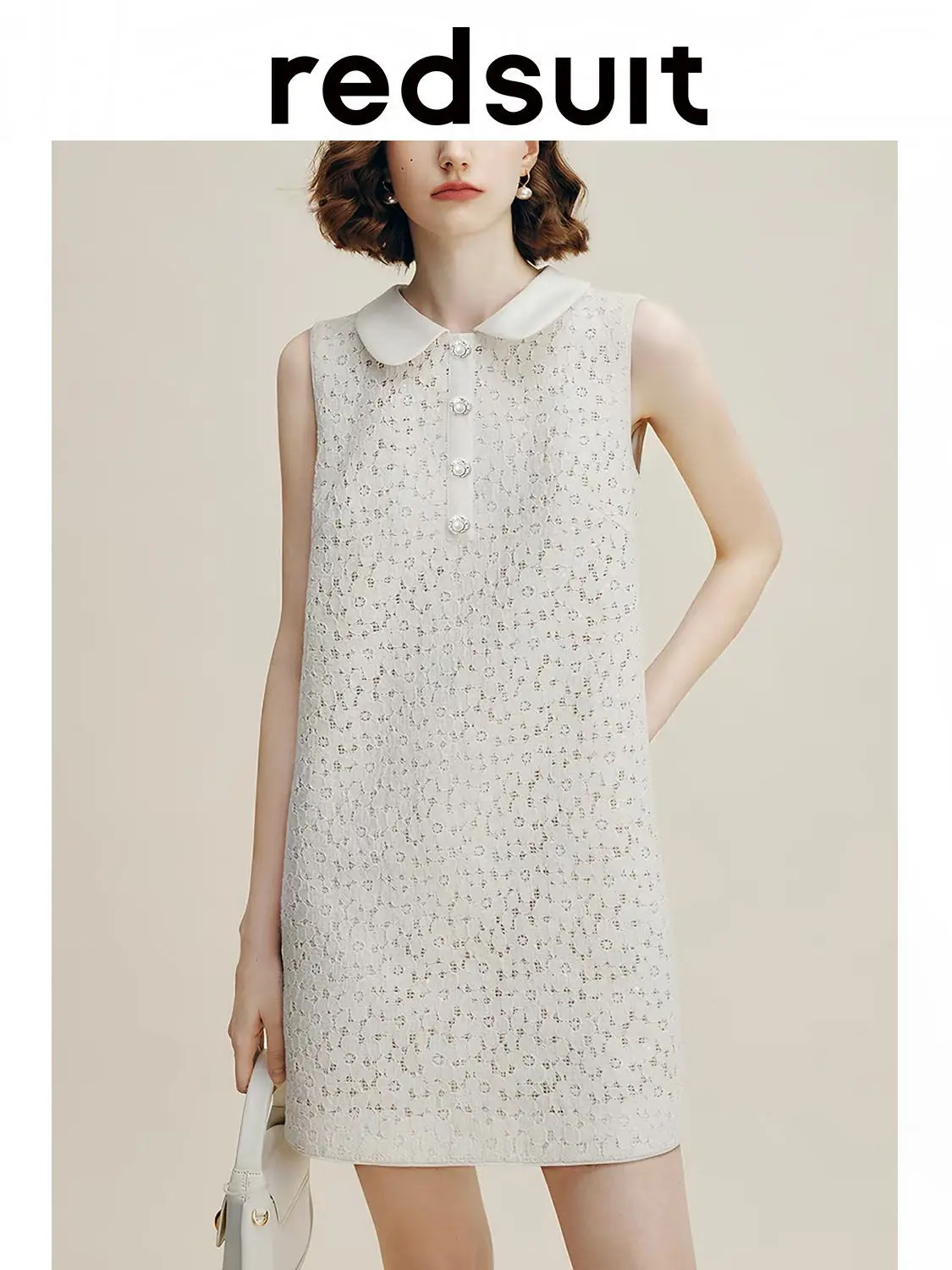 New Doll collar hollowed out flower pearl button sleeveless dress summer Custom size