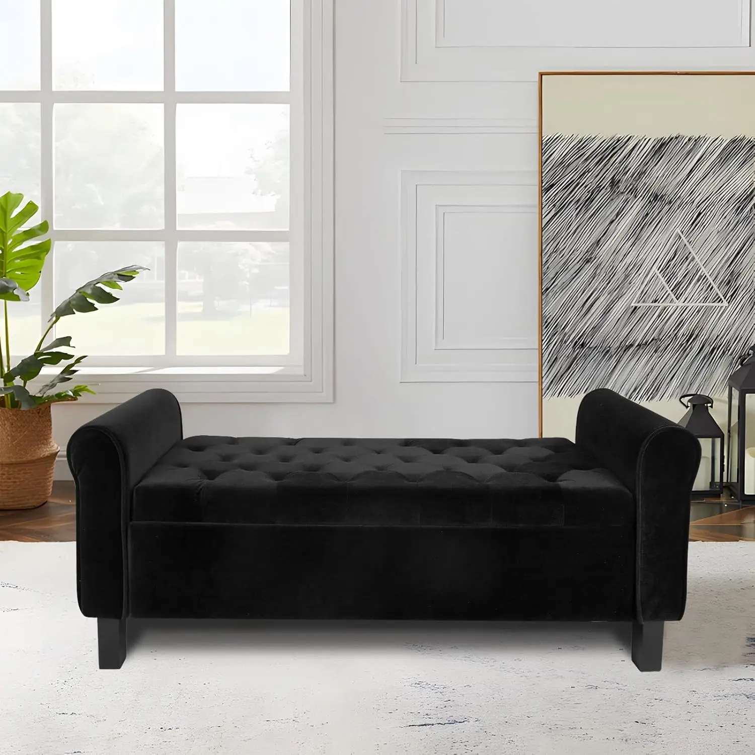 

Storage Ottoman Bench with Arms, Velvet End of Bed Bench for Bedroom, Black Button Tufted for Entryway,Customized