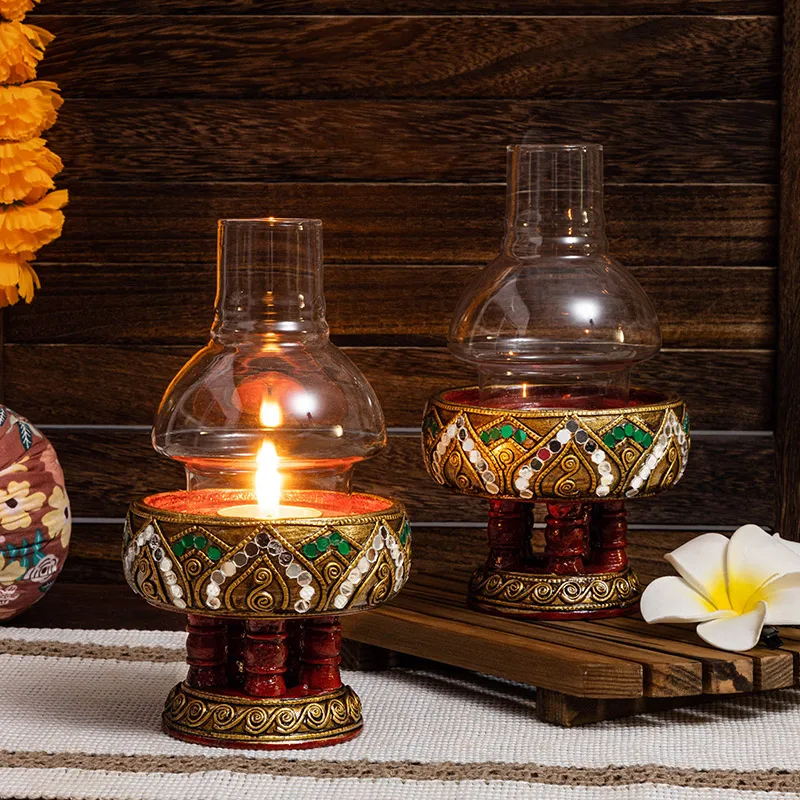 Solid Wood Candle Holder Retro Windproof Lantern Creative Southeast Asian Decor Figurine Dining Table Altar Tabletop Display