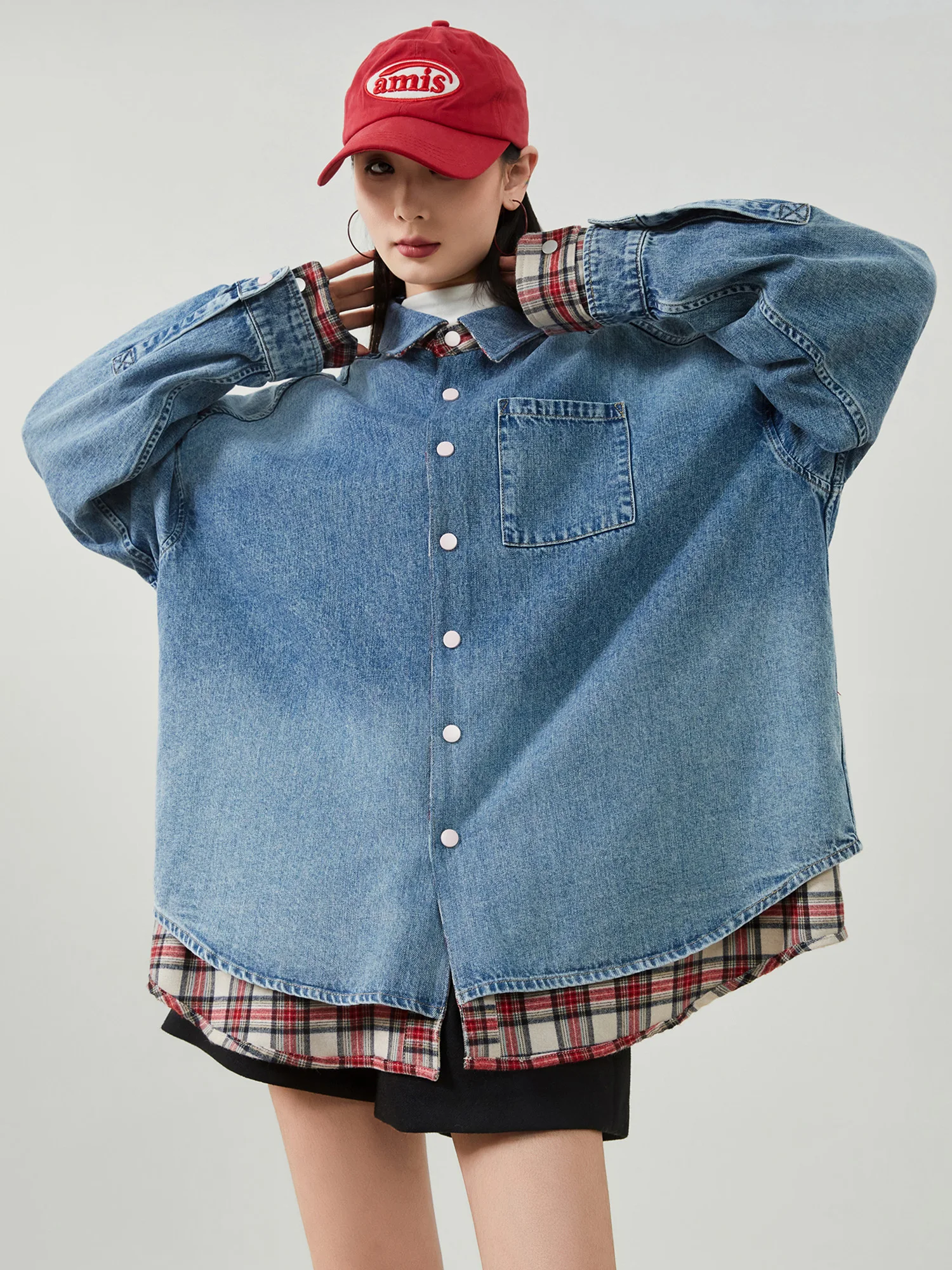 

American Retro Denim irt Jaet Women's Loose Double-Sided Wear Sli Top Trendy Casual Faion Polyester Fiber Long Sve