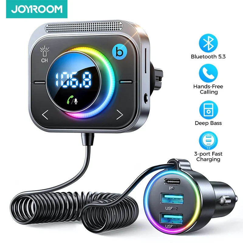 Joyroom Bluetooth 5.3 FM/AUX Transmitter Car Adapter Audio FM Transmitter Bass Boost 3 Ports PD&QC 3.0 FM Bluetooth Fast Charger