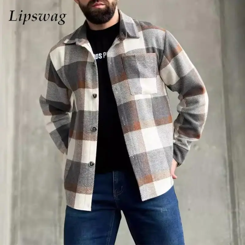 Autumn Fashionable Woolen Plaid Shirts Mens Casual Turn-down Collar Buttoned Long Sleeve Cardigans Men Vintage Woolen Shirt Tops