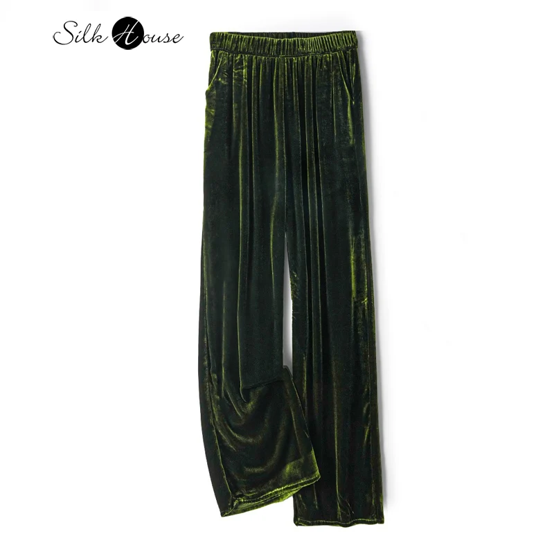 

2025 Women's Autumn New 30% Natural Mulberry Silk Velvet Army Green Elastic Waist Pocket High Waist Straight Leg Casual Pants