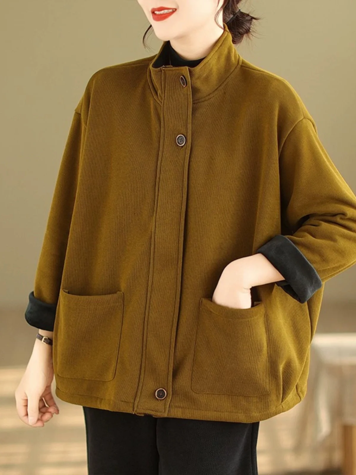 Cardigan da donna con colletto alla coreana foderato in Fce, capispalla casual allentato e caldo, vintage Faion autunno inverno