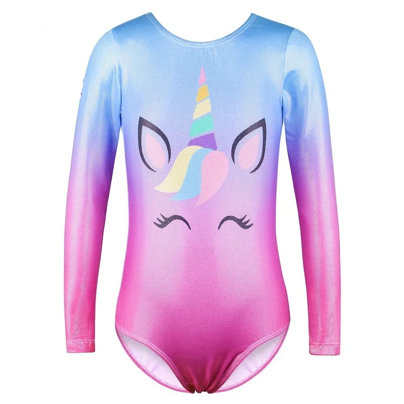 BAOHULU スパークル長袖レオタード女の子のためのラインストーングラデーションブルーピンク体操服子供ボディスーツダンスウェア