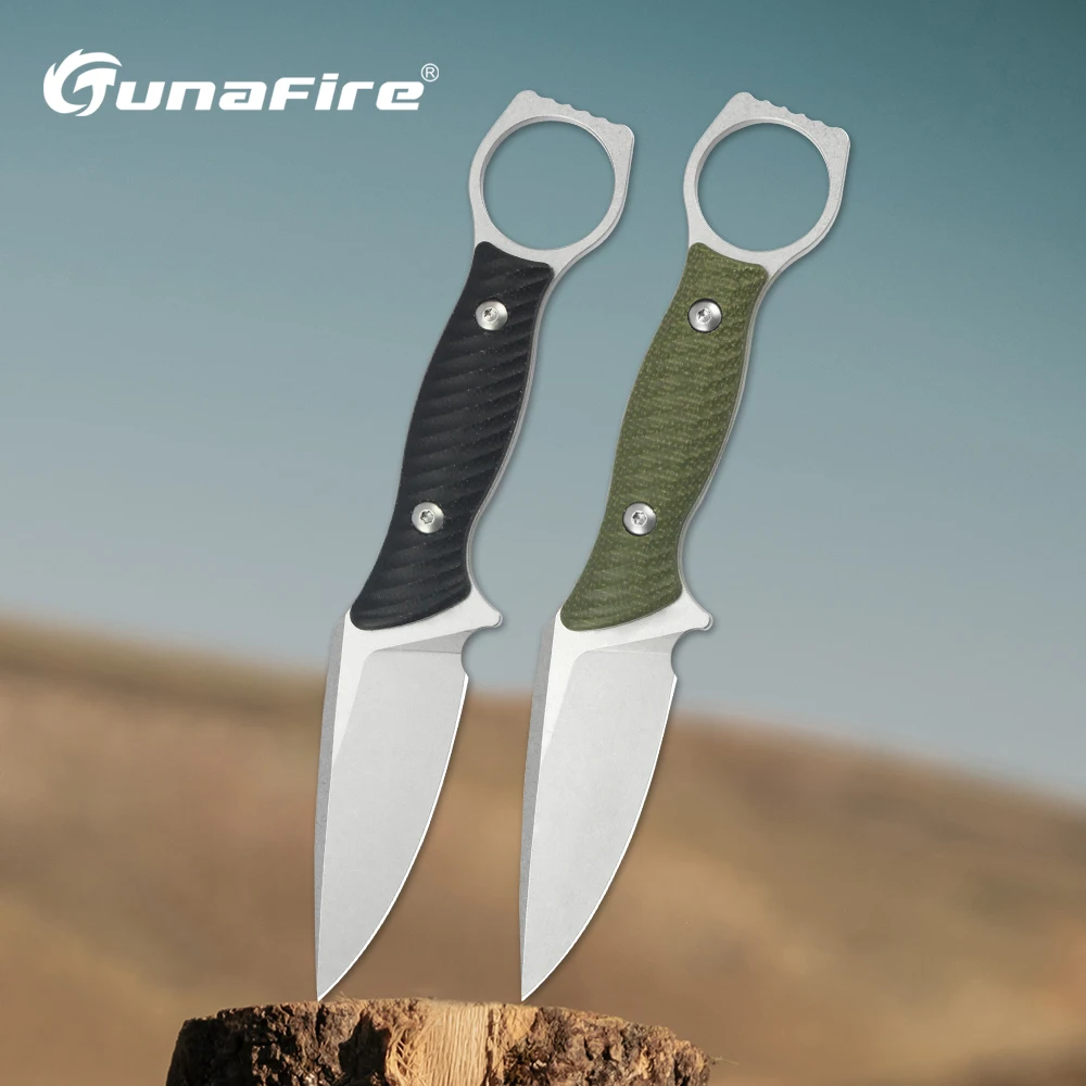 Tunafire GT0190 Fixed Blade Knives Tactical Outdoor Knife 14C28N Stonewashed Blade EDC Camping Hiking Rescue Fixed Knife