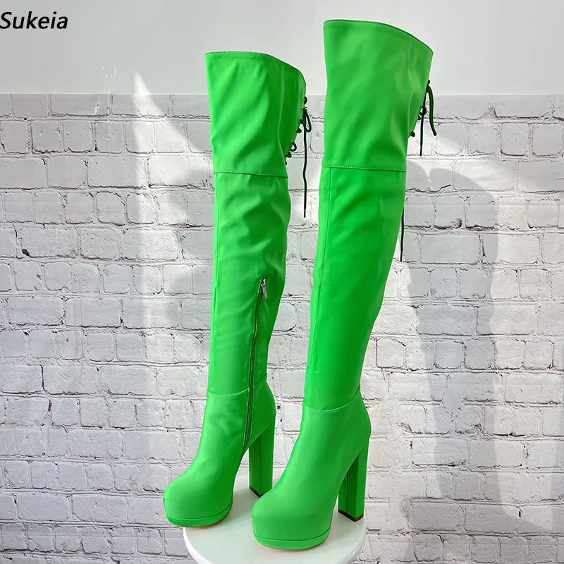 

Sukeia Handmade Girl Over Knee Boots Platform Chunky Heel Round Toe Beautiful Green Party Shoes Ladies US Plus Size 5-20