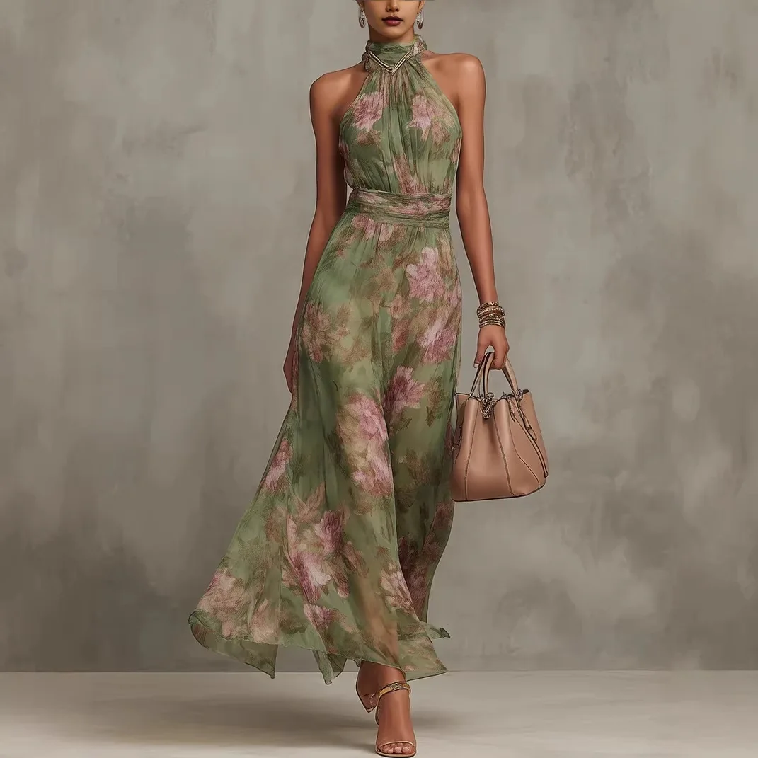 

Green Floral Print Maxi Dress Sexy Elegant Halter Sleeveless Hollow Dress Ladies Summer New High Waist Boho Evening Party Dress