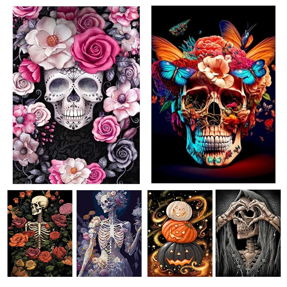 

New 2024 DIY 5D Diamond Painted Skull Butterfly Rose Full Round Square Diamond Embroidery Mosaic Cross Embroidery Set