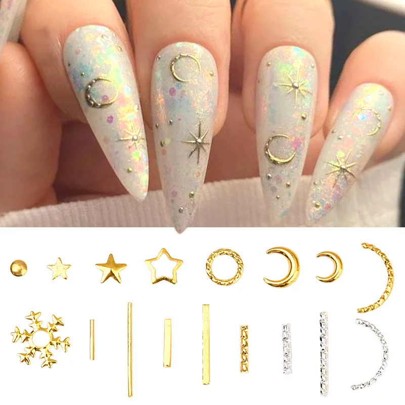 

1 Bag Gold Sliver Nail Charms Star Moon Circle Metal Strips Nail Studs Alloy Nail Parts Decorations DIY Nail Art Accessories