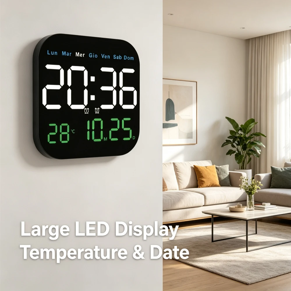 Orologio da parete digitale a LED con telecomando, doppia alimentazione, indicatore di temperatura, calendario italiano e 2 modalità di allarme.