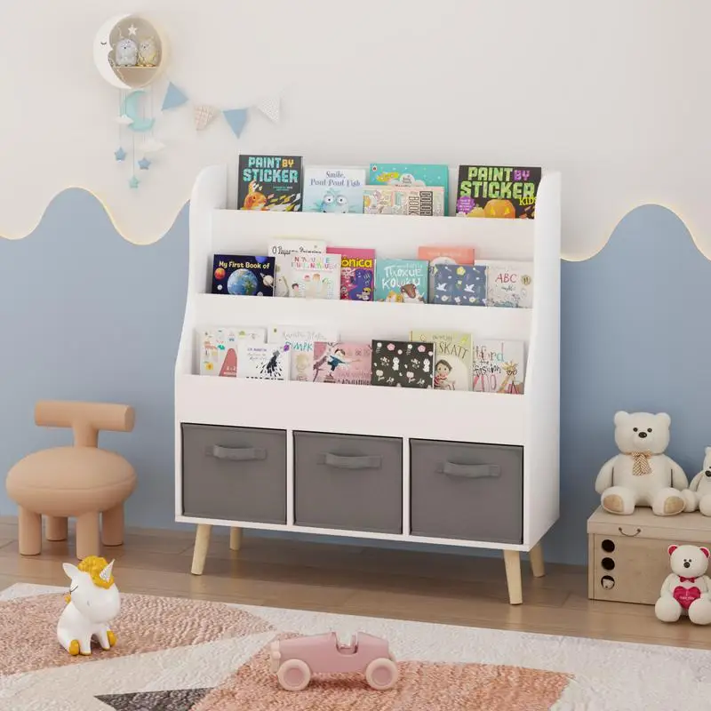 Bibliothèque pour enfants avec 3 bacs en tissu, organisateur d'affichage de livres en bois blanc pour les tout-petits et les enfants, support pour livres sur le devant avec