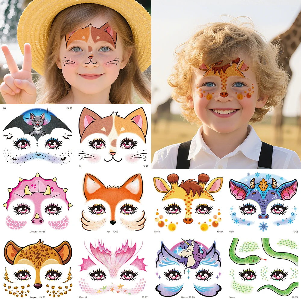 

10 Sheets Glitter Animal Face Tattoo For Kids Unicorn Mermaids Dinosaurs Fox Temporary Tattoo Stickers Party Makeup Body Paint T
