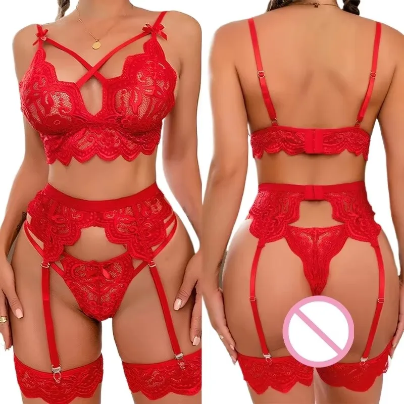 Women Pajamas Set Deep V-Neck Tops And Shorts Garters Pajama Suit Ladies Sling Nightwear Sexy Lingerie Babydoll Sexy 3-Pieces