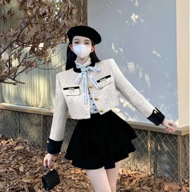 Korean Fashion Clothing Two Piece Set Women Outfit Elegant Socialite Short Jacket Slimming A-line High Waist Short Skirt Set