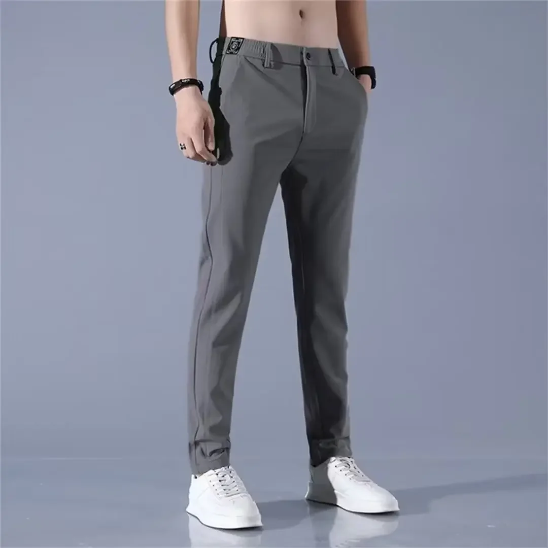 Men's casual pants, semi elastic waistband, nylon ice silk elastic straight tube, light gray, business gentleman, summer casual