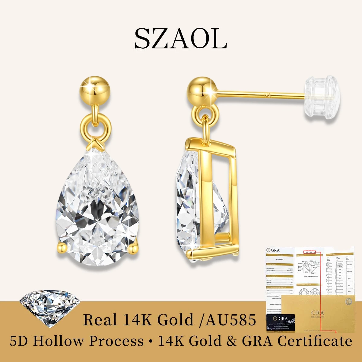 

0.5-2CT Pear Cut Moissanite Earring GRA for Women 14K Gold AU585 Waterdrop Shape Lab Diamomd Stud Ear Daily Wear Wedding Gift