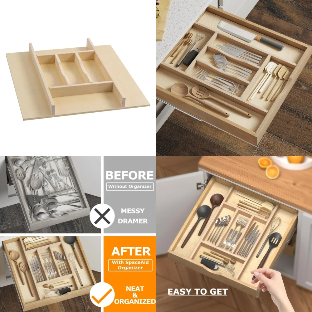 

7 Slot Silverware Organizer Tray 20x19 Drawer Divider for Flatware Utensils Kitchen Storage Natural Wood Cutlery Holder