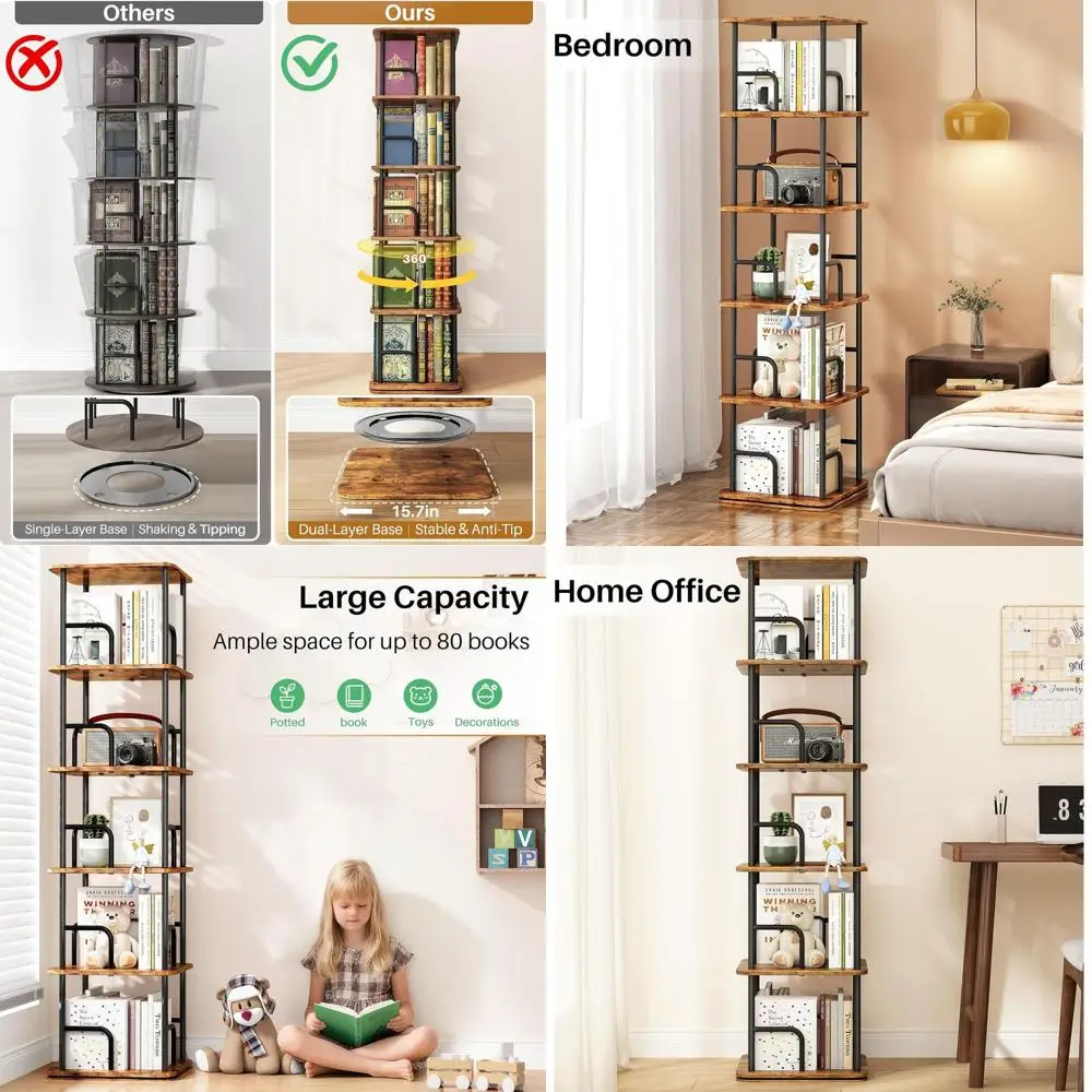 

360° Rotating 5-Tier Wooden Bookshelf - Space-Saving Organizer for Books in Home and Office