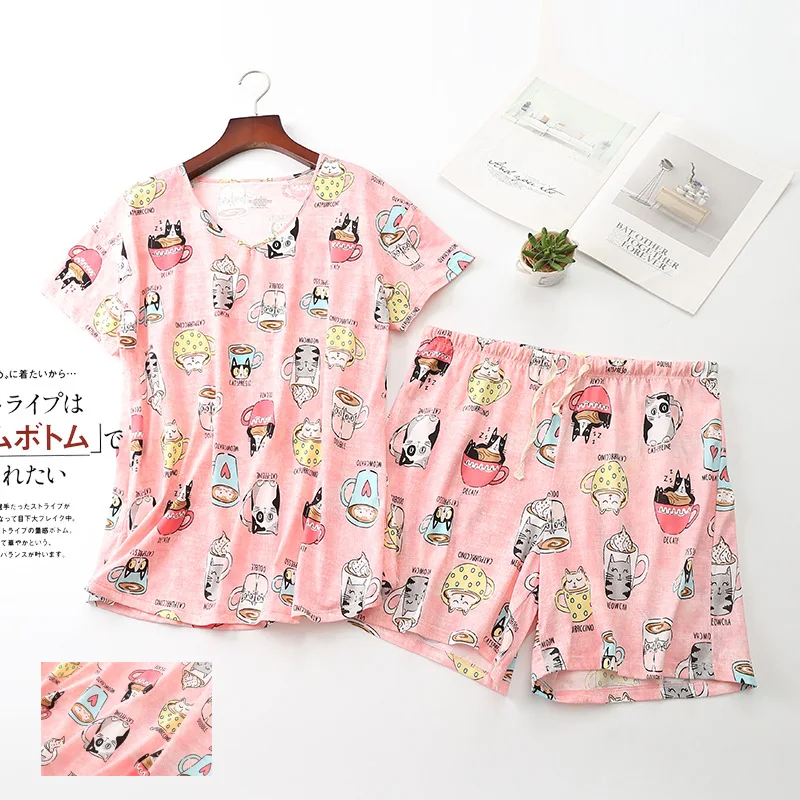 Sexy V-Neck Short Pants Sleep Set Lady Cotton Print Carton 2Pcs Pajamas Suit Oversize 3Xl Home Clothes Nightwear Loungewear