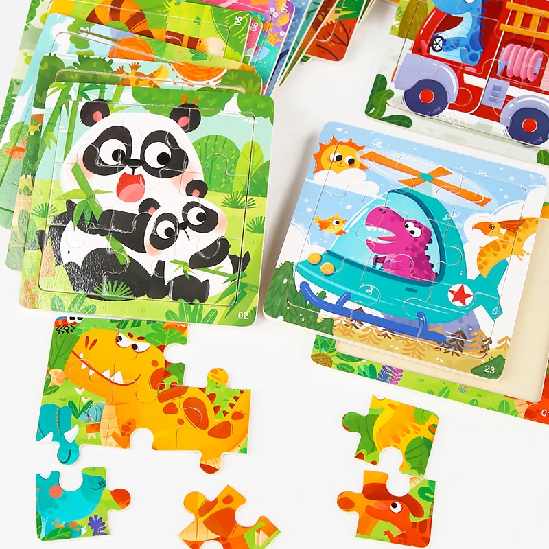 11x11cm Montessori Wooden Puzzle Cartoon Animal Traffic Jigsaw 3d Puzzle Baby Early Learning Educational Toys For Kids