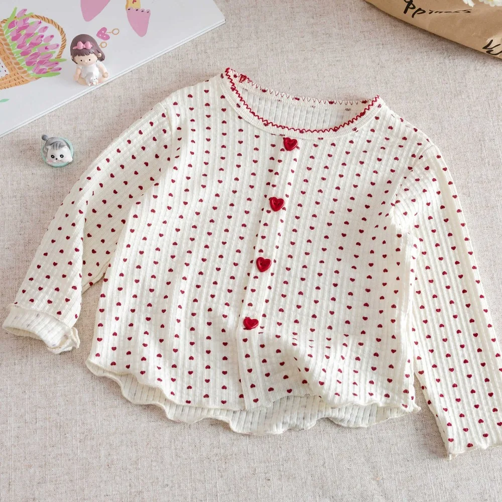 Autumn Korean Style Girls Long Sleeve Heart Print T-Shirt, Fashionable Basic Layering Top Baby Girls Spring Autumn Wear 3