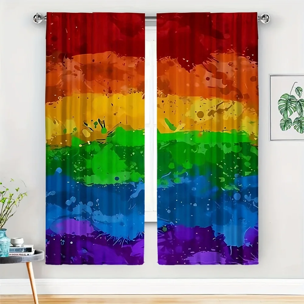 2PC Rainbow Abstract Curtain Drapes Boho Grunge Paint Splatter Window Treatment Home Decor Accent Curtains