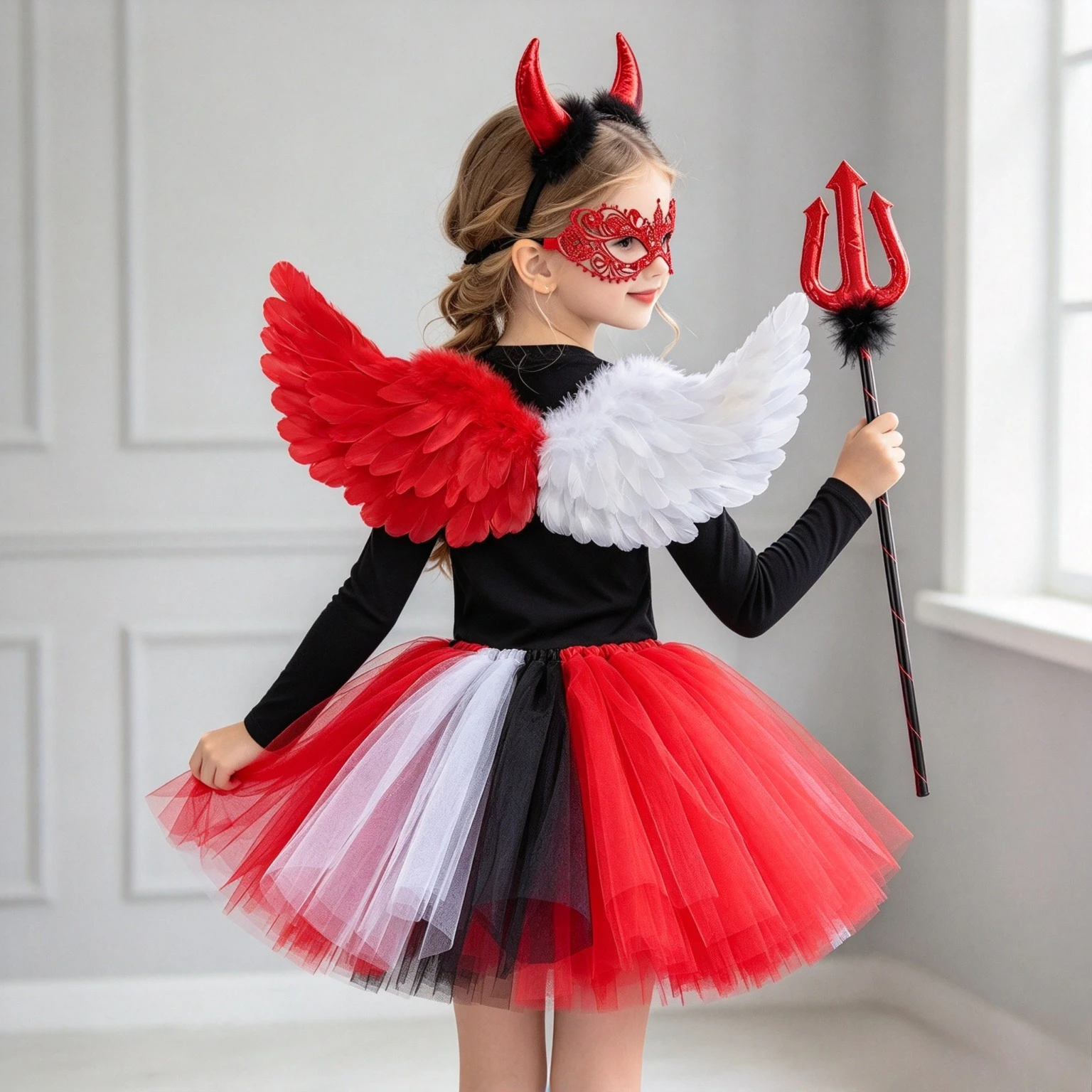 Kids Red White Dual Color Half Angel Half Devil Tulle Tutu Skirt With Accessories For Halloween Masquerade Party Dress Up Outfit