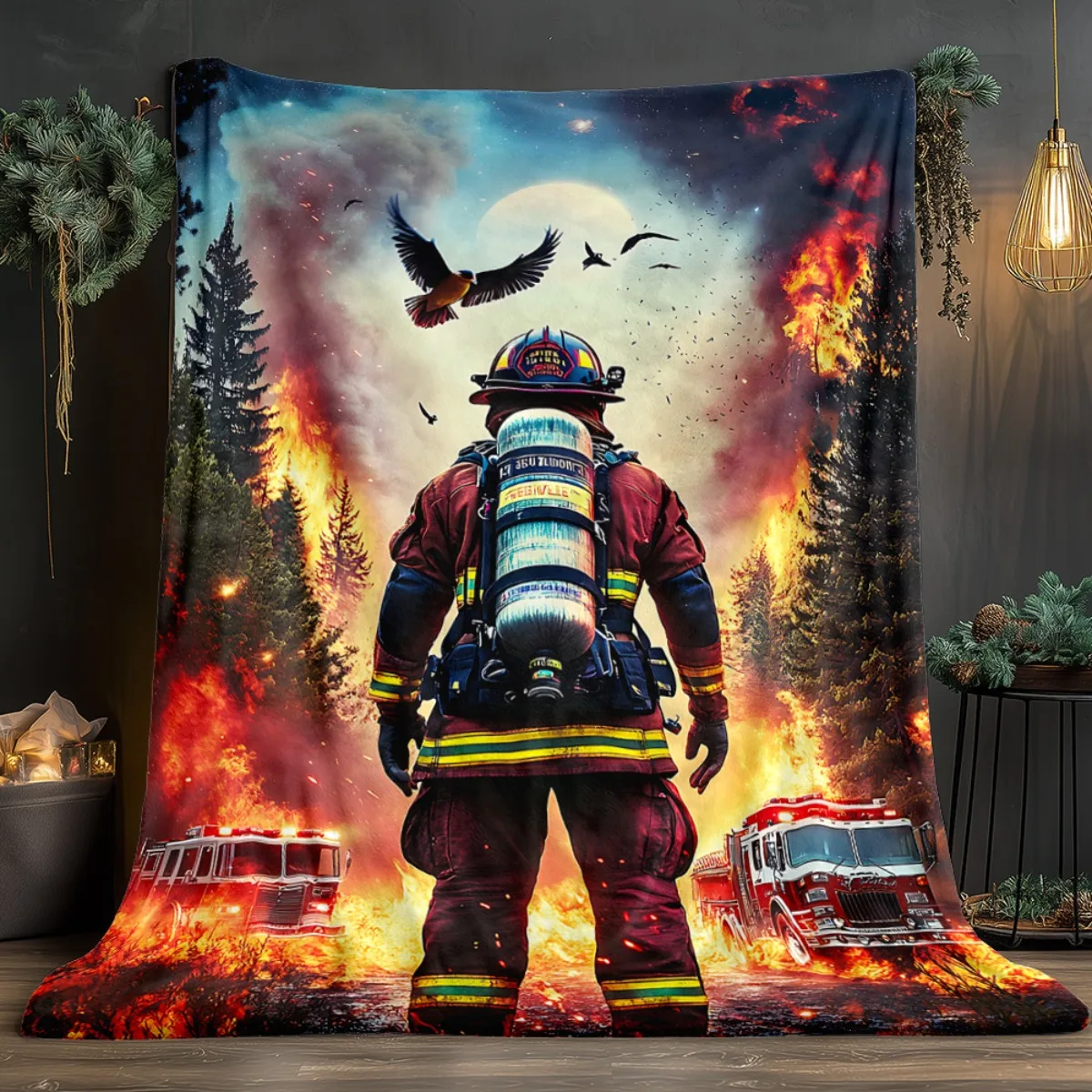 Firefighter forest pattern Flannel printed blanket suitable for all seasons suitable for living room office sofa and travel