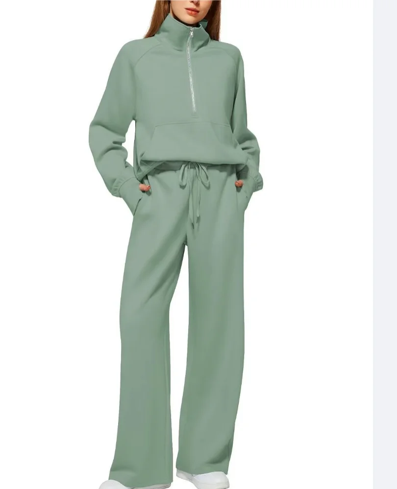 

2 Pcs/Set Women Top Pants Set Half Zipper Turn-down Collar Long Sleeves Sweatshirt Elastic Waist Wide Leg Sweatpants Tracksuit