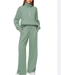 2 Pcs/Set Women Top Pants Set Half Zipper Turn-down Collar Long Sleeves Sweatshirt Elastic Waist Wide Leg Sweatpants Tracksuit