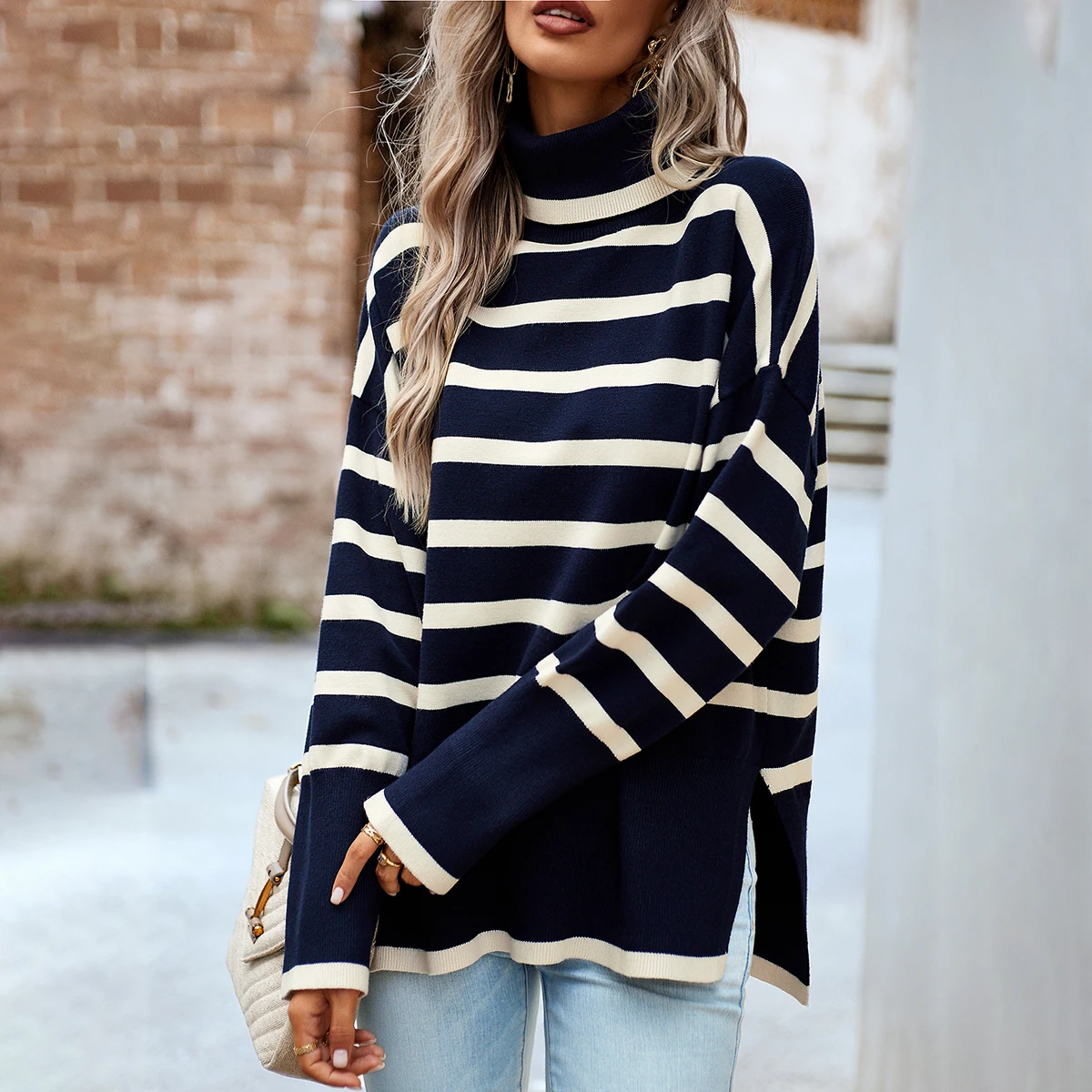 

Stripe Turtleneck Knitwear Streetwear Long Sleeve Turtleneck Sweaters Casual Autumn Winter Pullover Female Colour Clash Knit Top