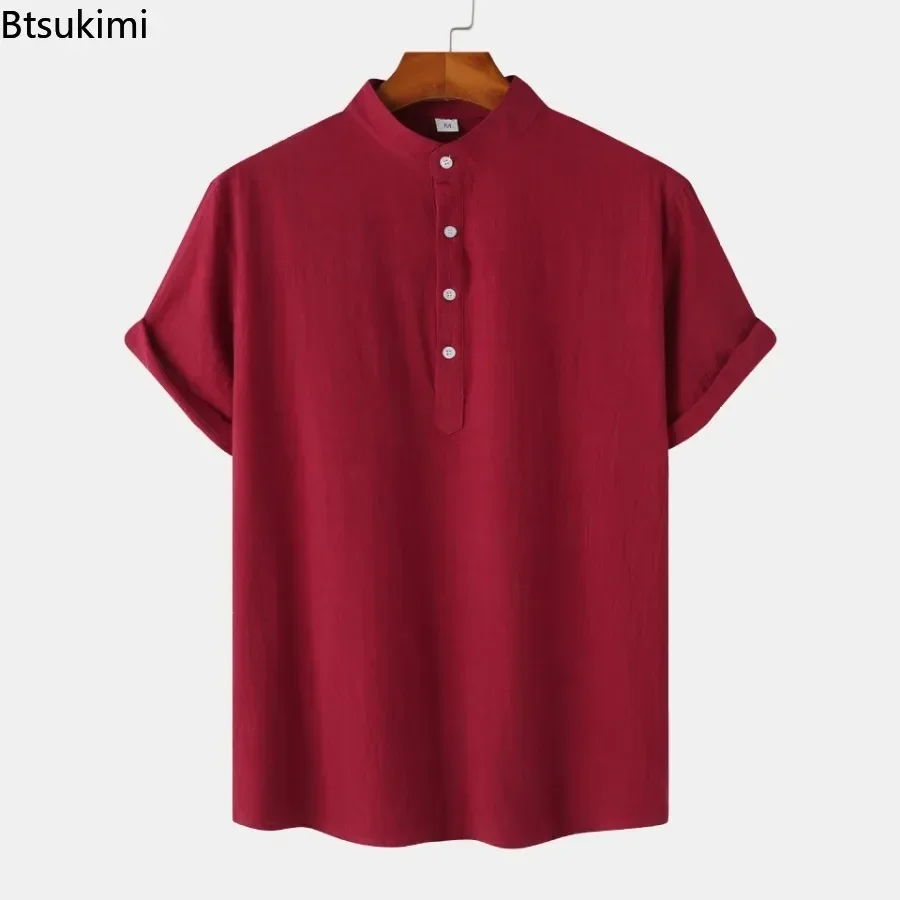 Blus Atasan Pria lengan pendek, blus pantai pria nyaman katun Linen kasual kerah berdiri polos musim panas