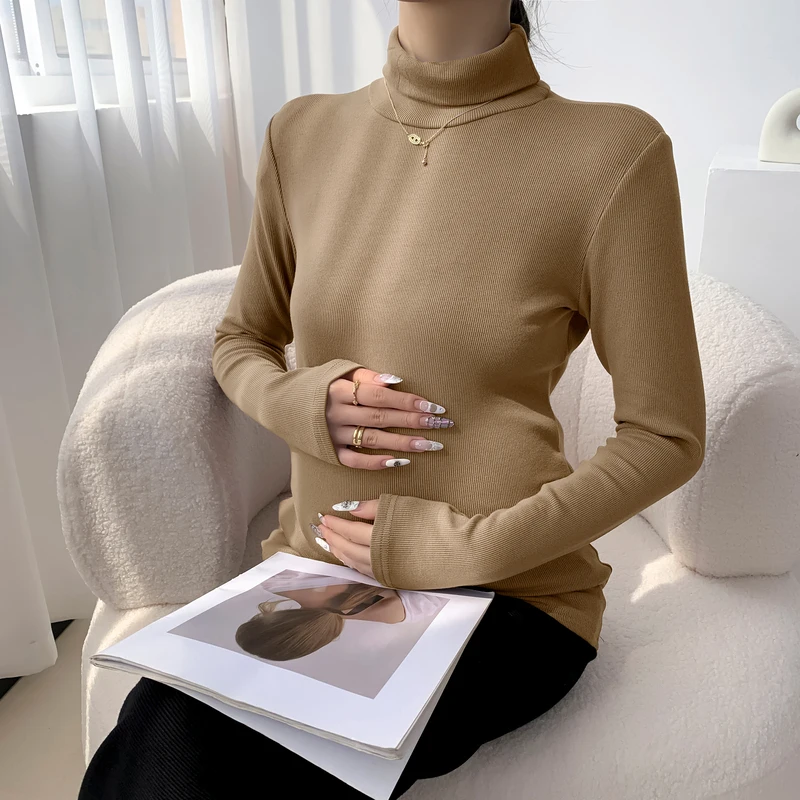 Korean Style Maternity Fleece T-shirt Winter Long Sleeve Turtleneck Fashion Pregnant Woman Basic Shirts Stretched Thick Warm Top