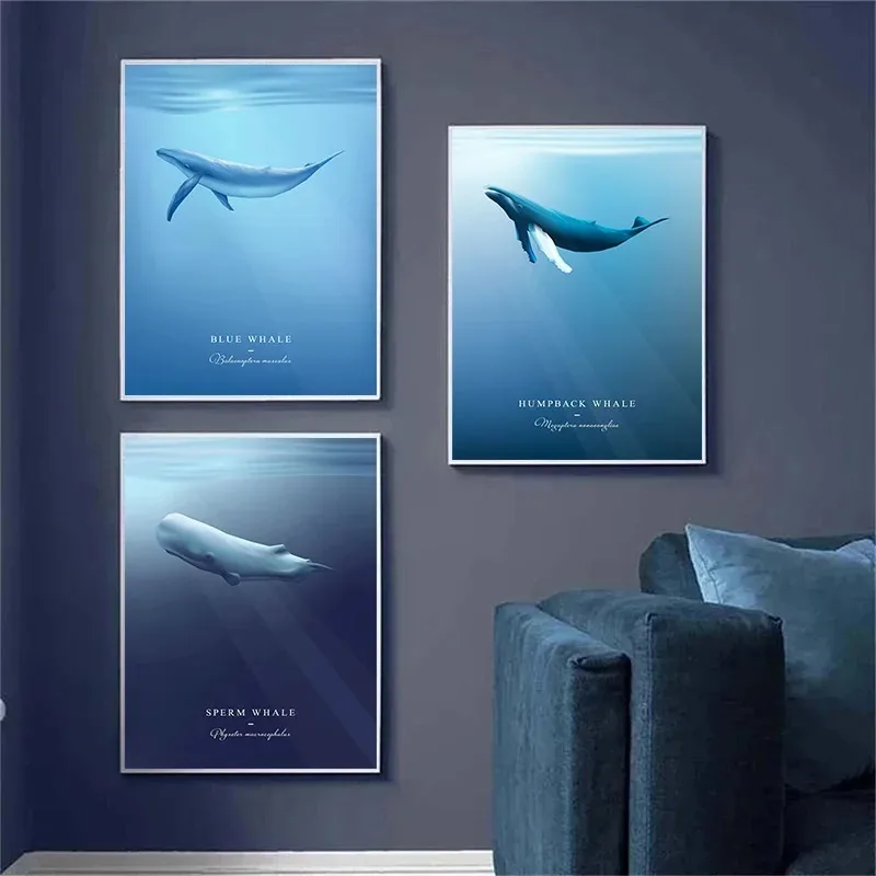 Whales Marine Life Blue,Sperm,Humpback,Beluga Whale,Orca Poster Canvas Painting Wall Art Pictures Home Kid's Room Decor