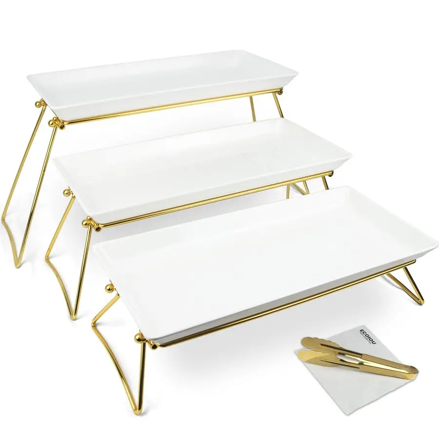 Bandeja de servir grande de 3 niveles, bandeja escalonada de melamina de 24 x 22 x 9.8 pulgadas y platos para fiestas, buffets y entretenimiento, color blanco y listo para usar.