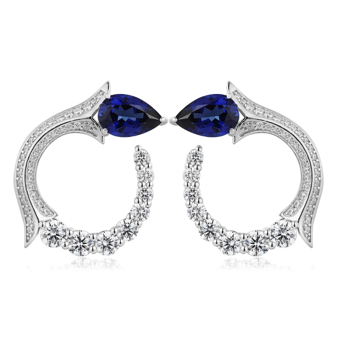 

Silver Hoop Earrings Woman Earrings Pear Lab Grown Sapphire Emerald Paraiba Gemstones Set of Earrings for Her Engagement Jewelry