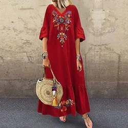 2024 Summer Women Plus Size 5xl Sexy V-neck Long Maxi Dress Elegant Print Linen Boho Vestidos Robe White Female Loose Dresses