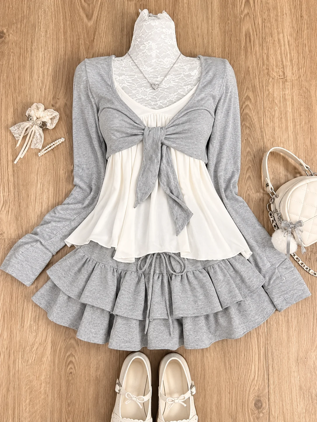 Women's Y2K Vintage Lace Patchwork Dress Two Piece Set Summer Elegant Retro Cardigan + Sweet Fashion Sleeveless Slim Mini Dress