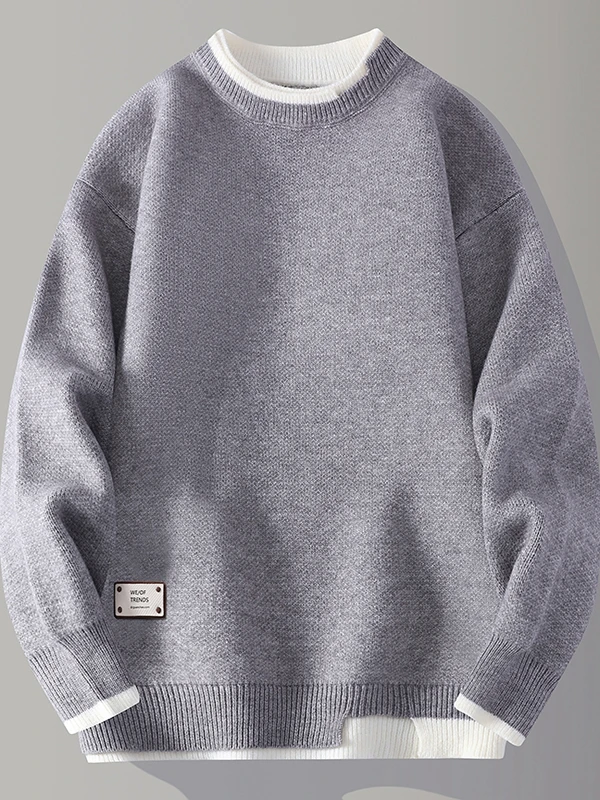 

Men's round Ne Knitted Sweater Thiened Loose Casual Sle Pure Color Fake Two-Piece Design Polyester Fiber Long Sve Top