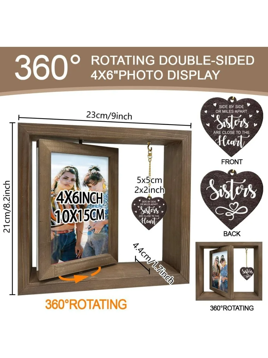 1 Pc Wood Rotating Picture Frame Dark Brown Sisters Are Close to Heart Photo Frame with Heart Charms Double Sided Memorial