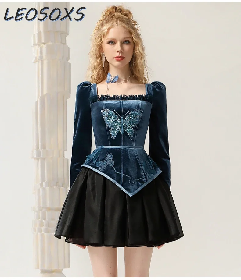 LEOSOXS French Retro Style Velvet Dress 2024 Autumn/winter Embroidery Butterfly Applique Elegant Temperament Evening Dress Women